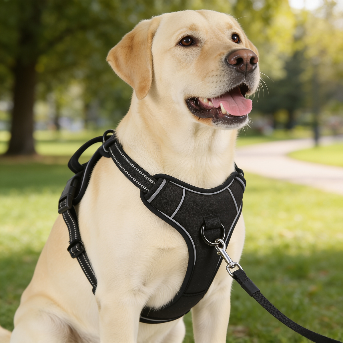 Yellow Labrador wearing the KindPet no-pull harness in a park, leash clipped to the front chest ring